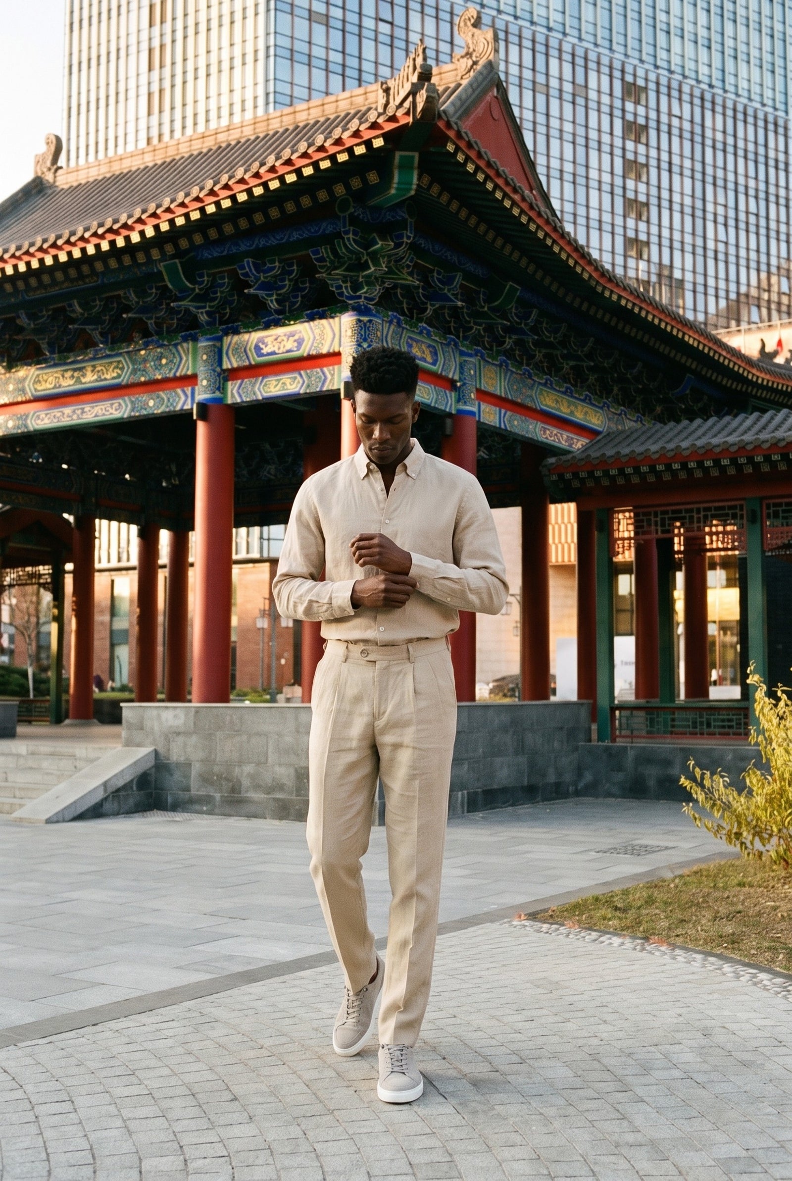 Look #873 styled with Beige Herrenhose aus 100 % Leinen mit Bundfalten und Kordelzug, bequeme, gerade Passform