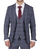 Mens Marc Darcy Blue Grey Red Check 3 Piece Suit Smart Casual Tweed Slim Fit Drake