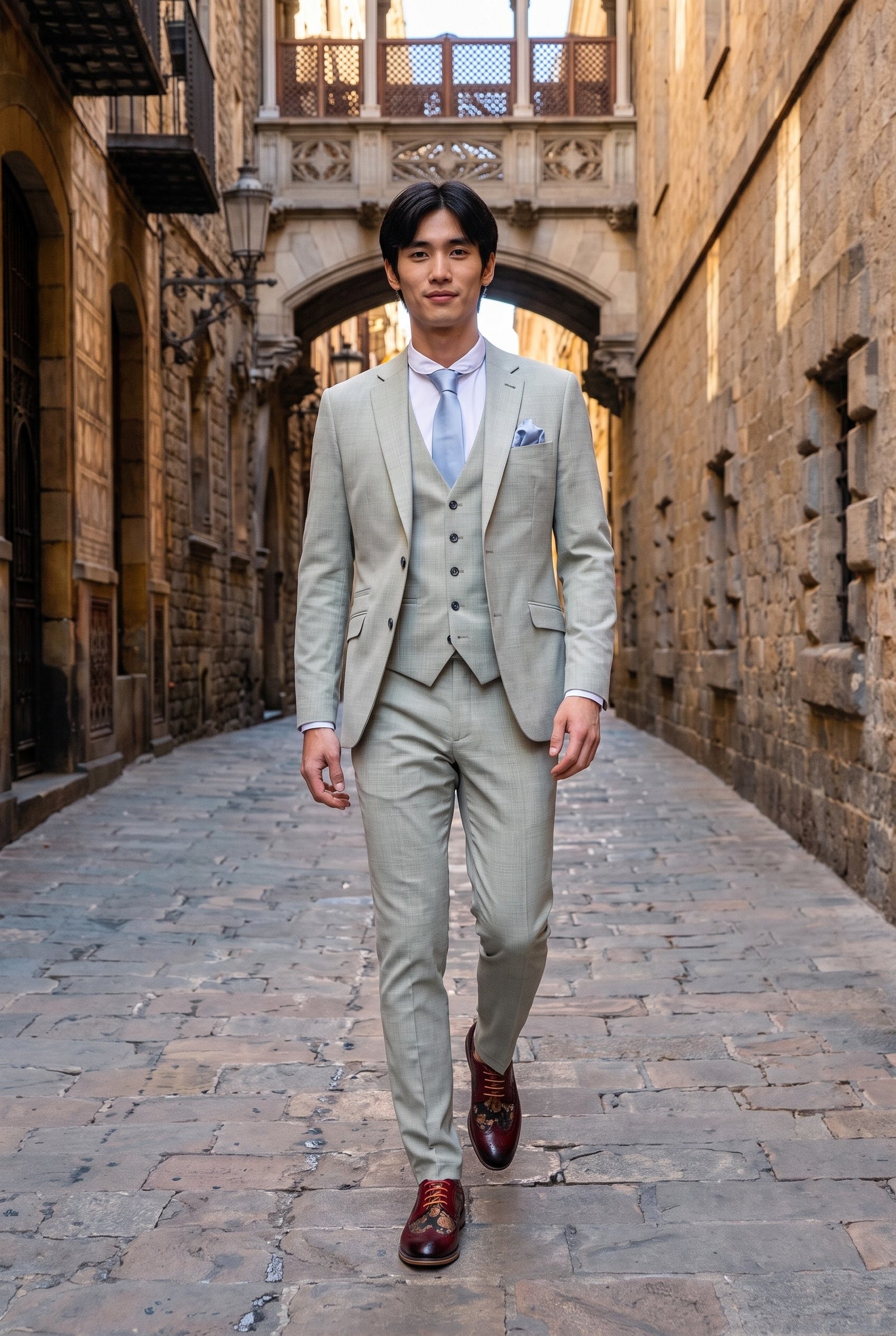 Look #238 styled with Camden – Salbeigrüner 3-teiliger Tailored Fit-Anzug für Herren