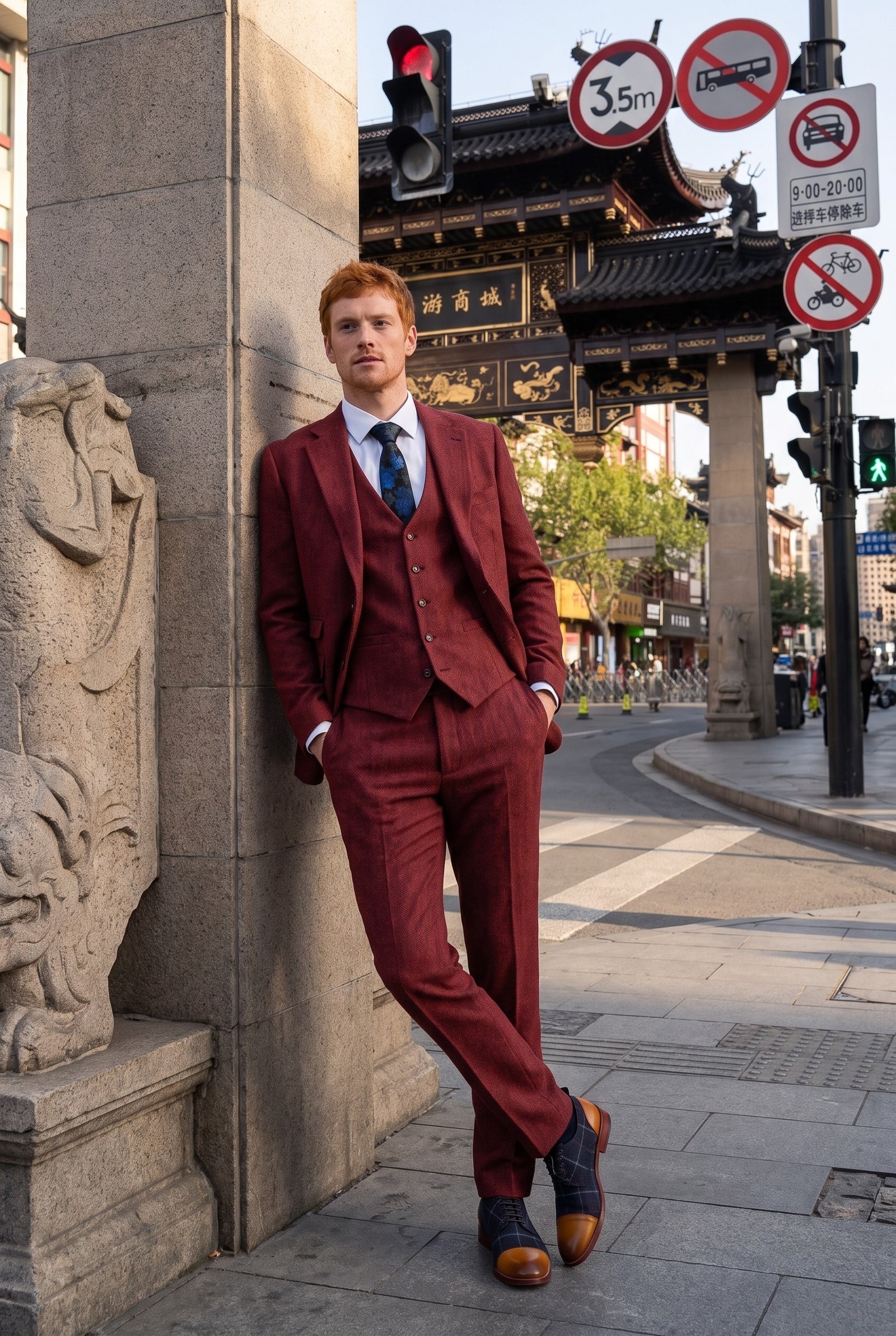 Look #271 styled with Weinroter 3-teiliger Tweedanzug für Herren mit Fischgrätenmuster - STZ11