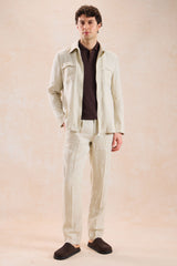 Beige Leinen-Anzug für Herren, elegant-lässig, 2-teilig, mit Reißverschluss vorne, Safari-Stil, Sommer
