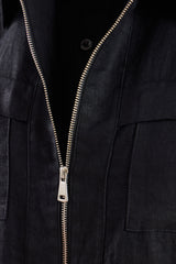 Schwarze Leinenhemdjacke für Herren mit Reißverschluss, leichtes Sommer-Overshirt