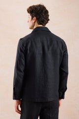 Schwarze Leinenhemdjacke für Herren mit Reißverschluss, leichtes Sommer-Overshirt
