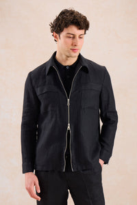Schwarze Leinenhemdjacke für Herren mit Reißverschluss, leichtes Sommer-Overshirt