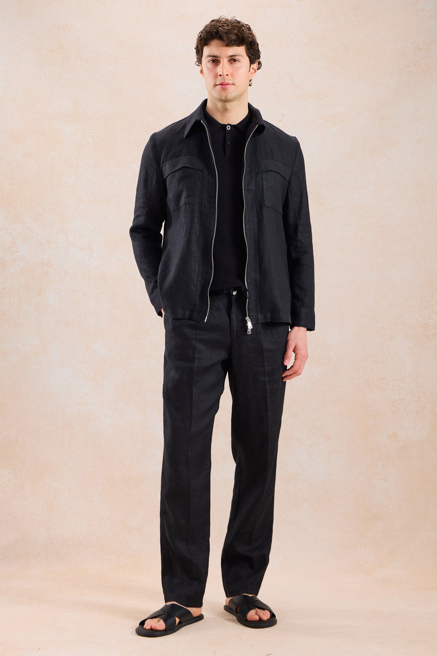 Schwarzer Leinenanzug für Herren, elegant-lässig, zweiteilig, mit Reißverschluss vorne, Safari-Stil, Sommer