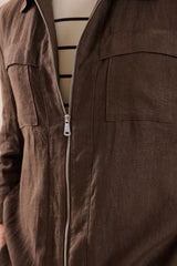 Braune Leinenhemdjacke für Herren mit Reißverschluss, leichtes Sommer-Overshirt