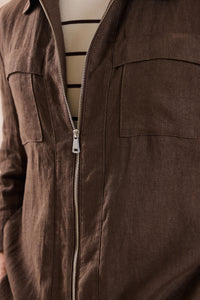 Braune Leinenhemdjacke für Herren mit Reißverschluss, leichtes Sommer-Overshirt
