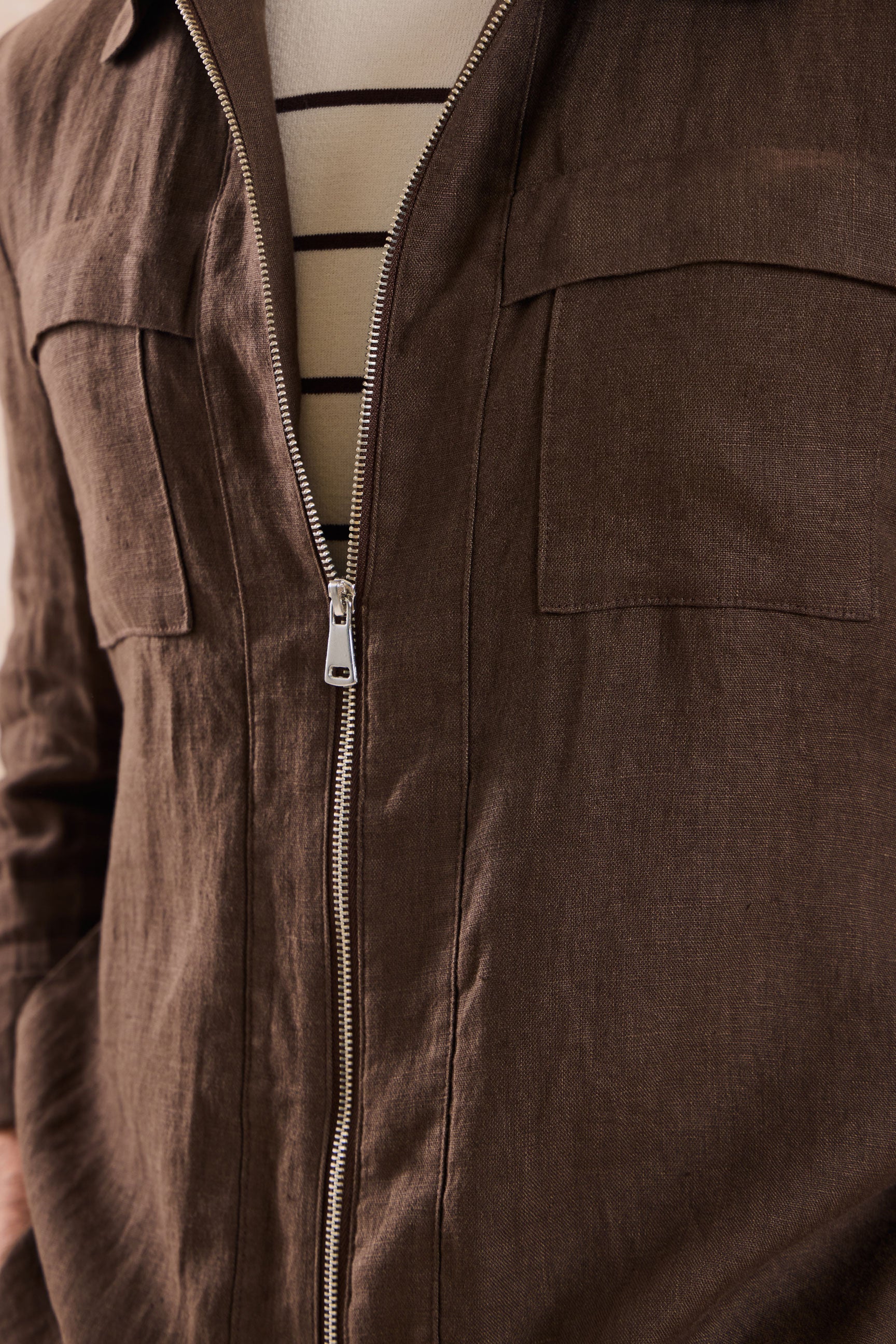 Braune Leinenhemdjacke für Herren mit Reißverschluss, leichtes Sommer-Overshirt