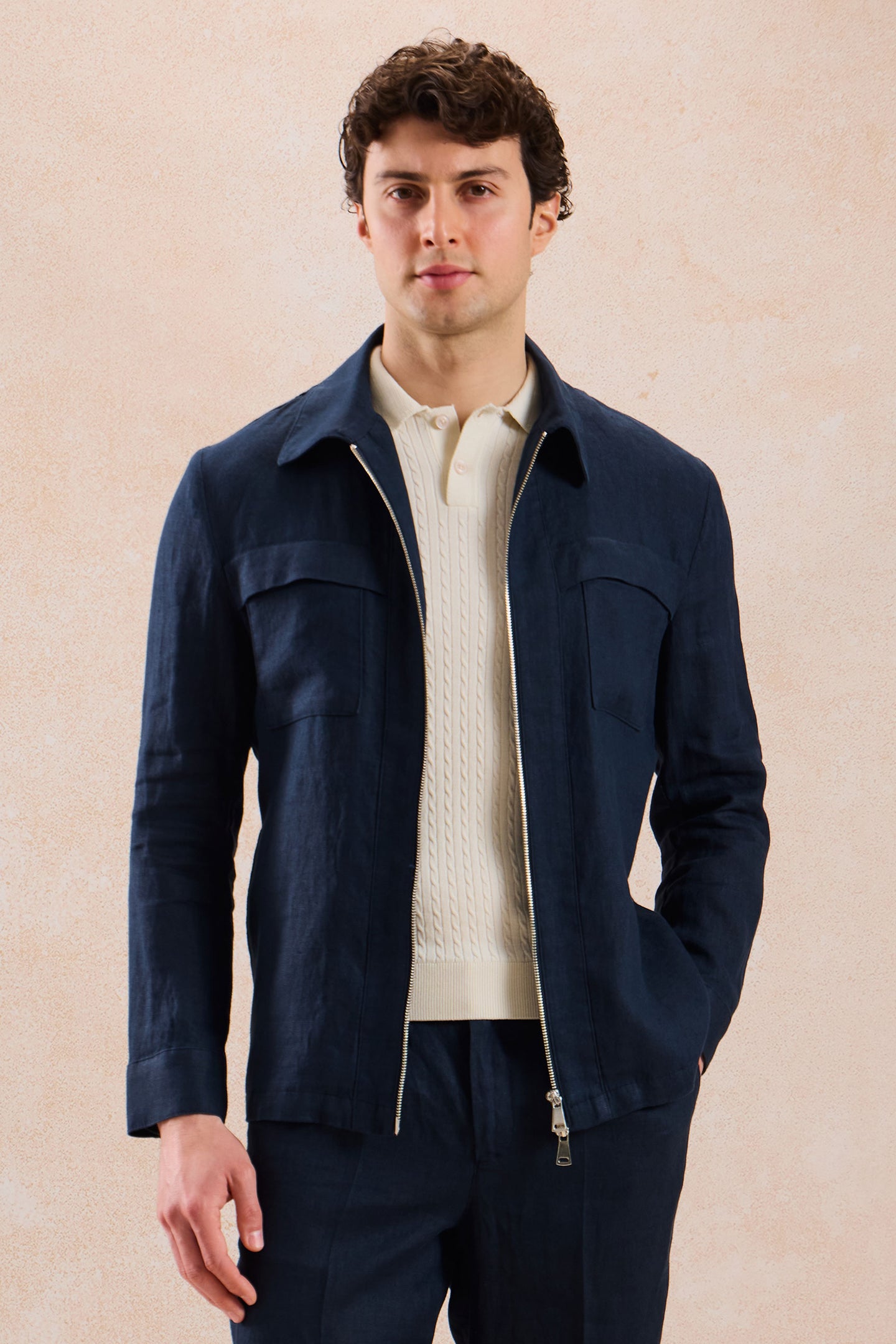 Herren-Leinenanzug in Marineblau, elegant-lässig, 2-teilig, mit Reißverschluss vorne, Safari-Stil, Sommer
