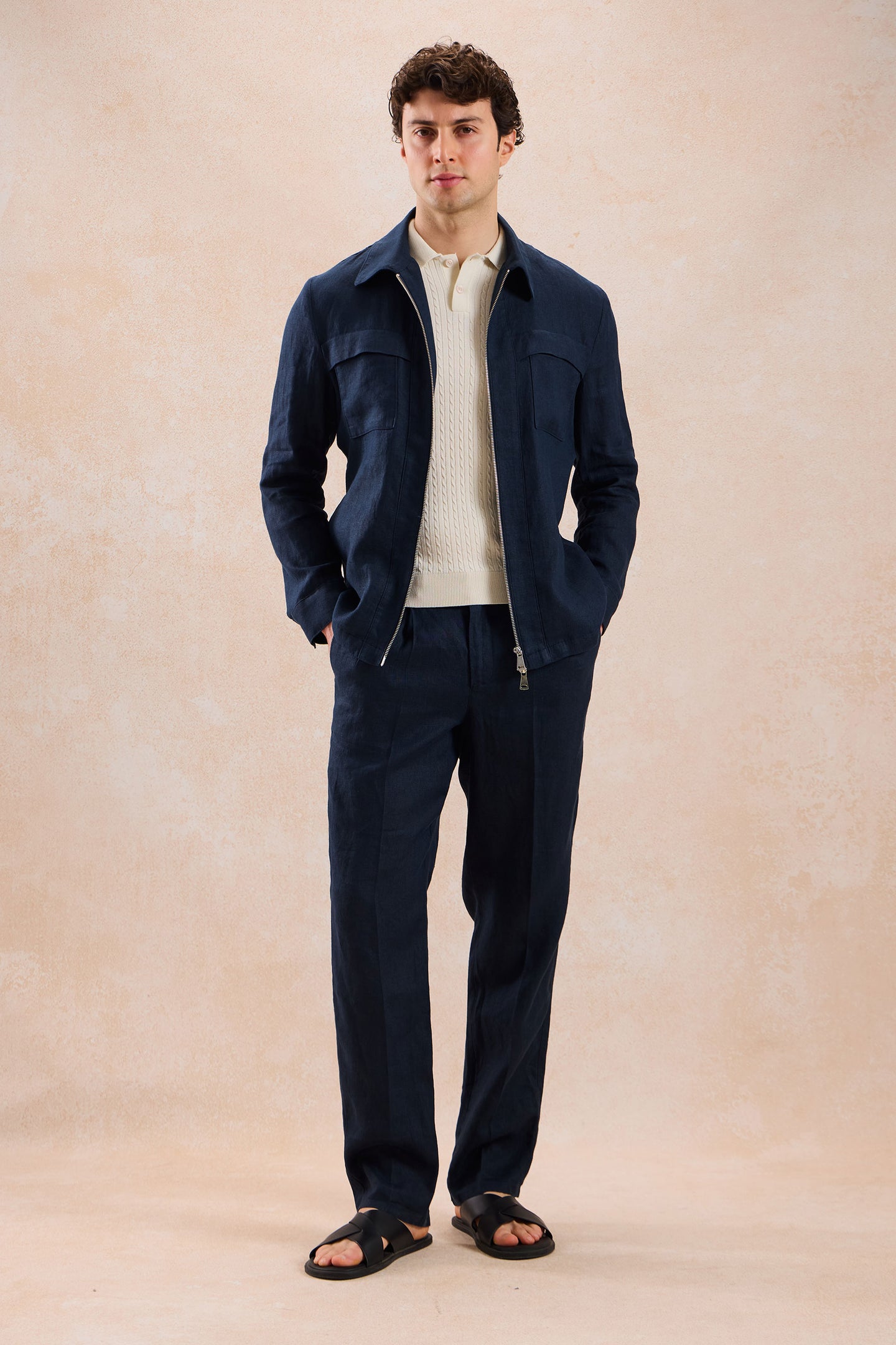 Herren-Leinenanzug in Marineblau, elegant-lässig, 2-teilig, mit Reißverschluss vorne, Safari-Stil, Sommer