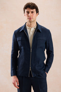 Herren-Leinenanzug in Marineblau, elegant-lässig, 2-teilig, mit Reißverschluss vorne, Safari-Stil, Sommer