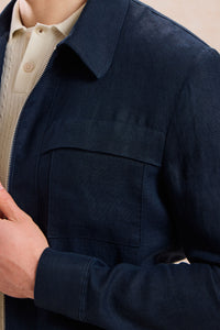 Herren-Leinenanzug in Marineblau, elegant-lässig, 2-teilig, mit Reißverschluss vorne, Safari-Stil, Sommer