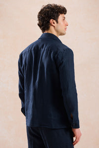 Herren-Hemdjacke aus marineblauem Leinen mit Reißverschluss, leichtes Sommer-Overshirt