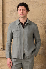 Herren-Hemdjacke aus Leinen in Salbeigrün mit Reißverschluss, leichtes Sommer-Overshirt