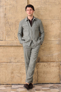 Herren-Hemdjacke aus Leinen in Salbeigrün mit Reißverschluss, leichtes Sommer-Overshirt