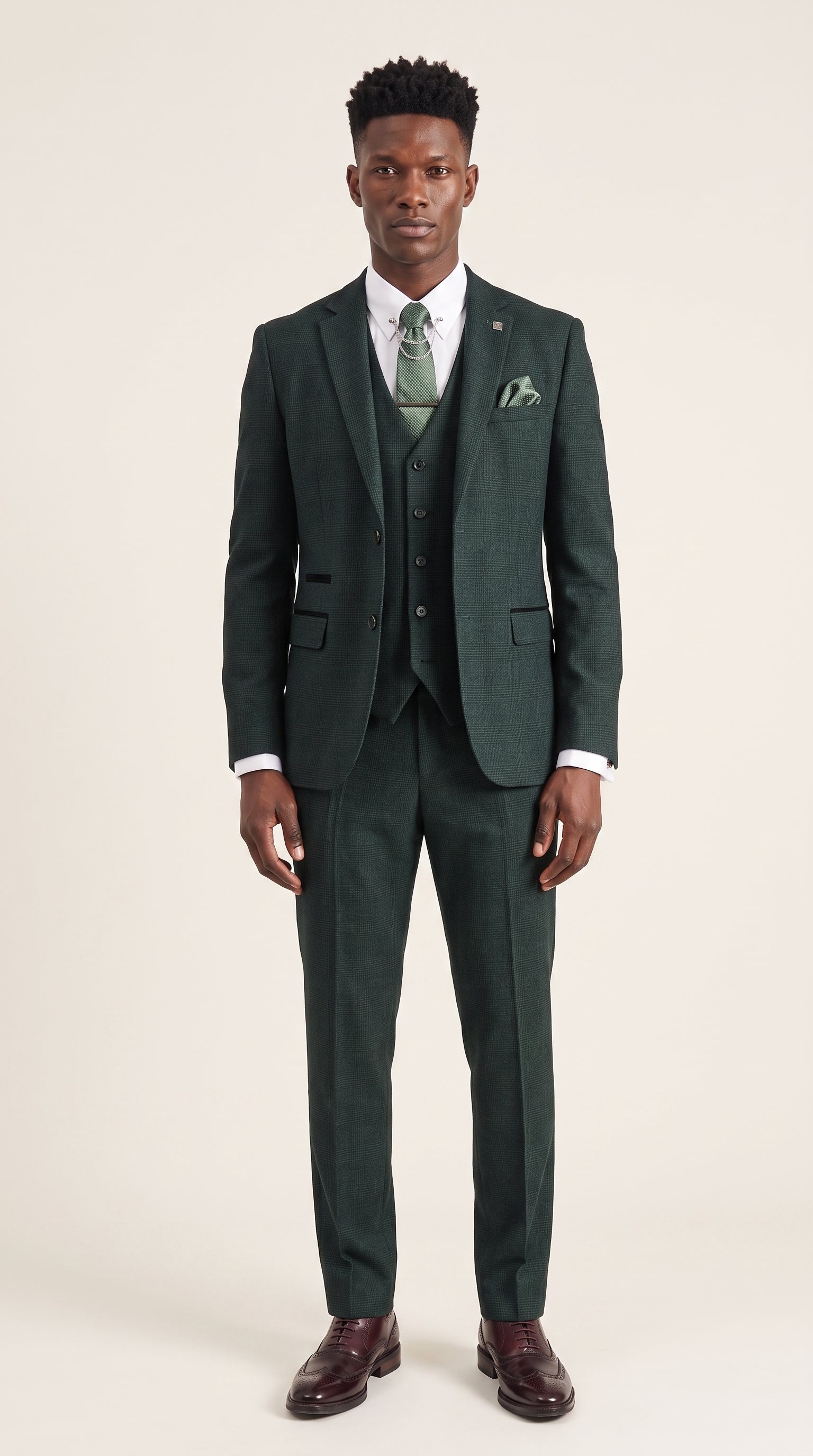 Look #204 styled with Regent – Grüner 3-teiliger Prince-of-Wales-Karoanzug für Herren