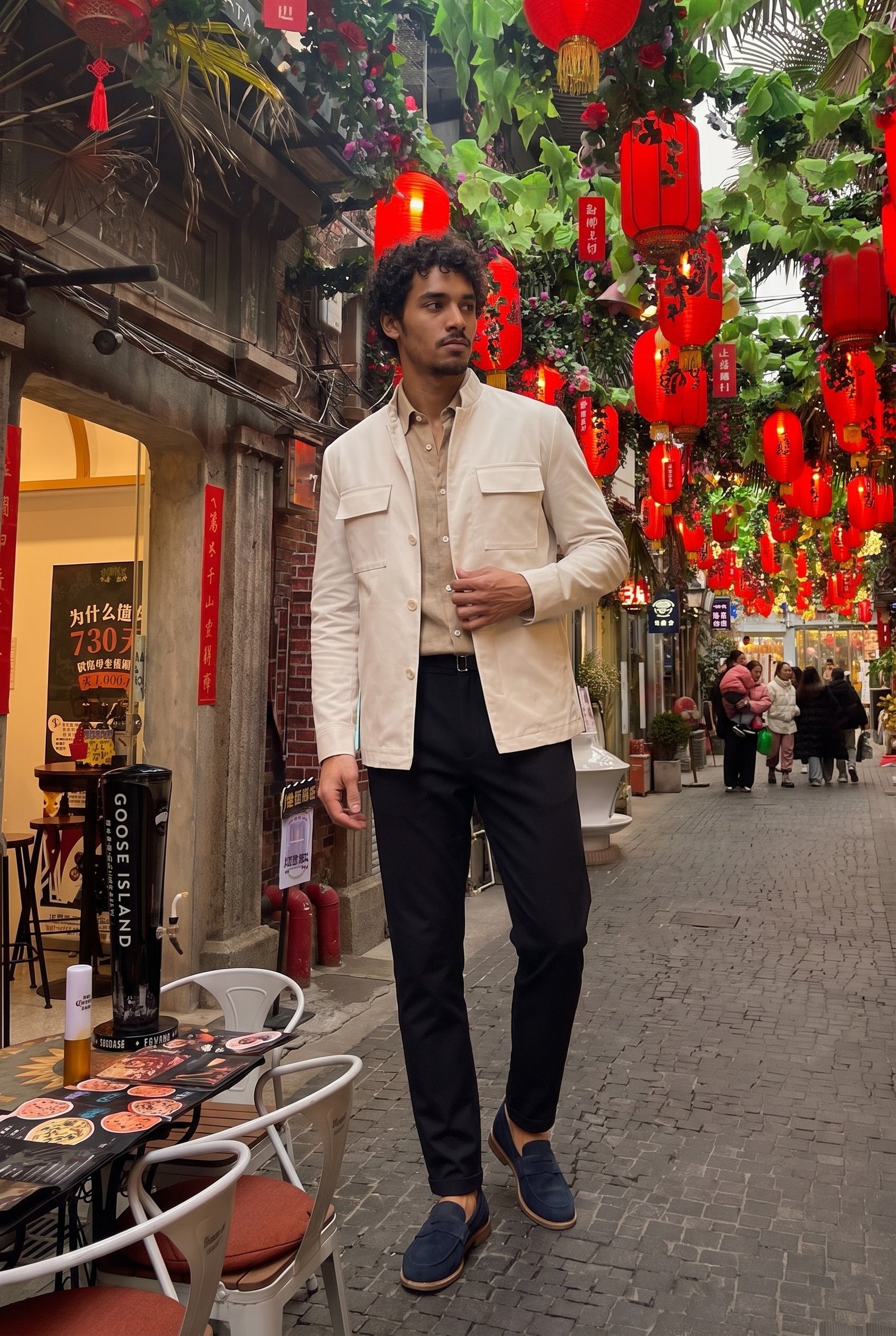 Look #851 styled with Schwarze Herren-Gurkha-Hose mit Bundfalten, verstellbarer Bund, taillierte, schmal zulaufende Passform