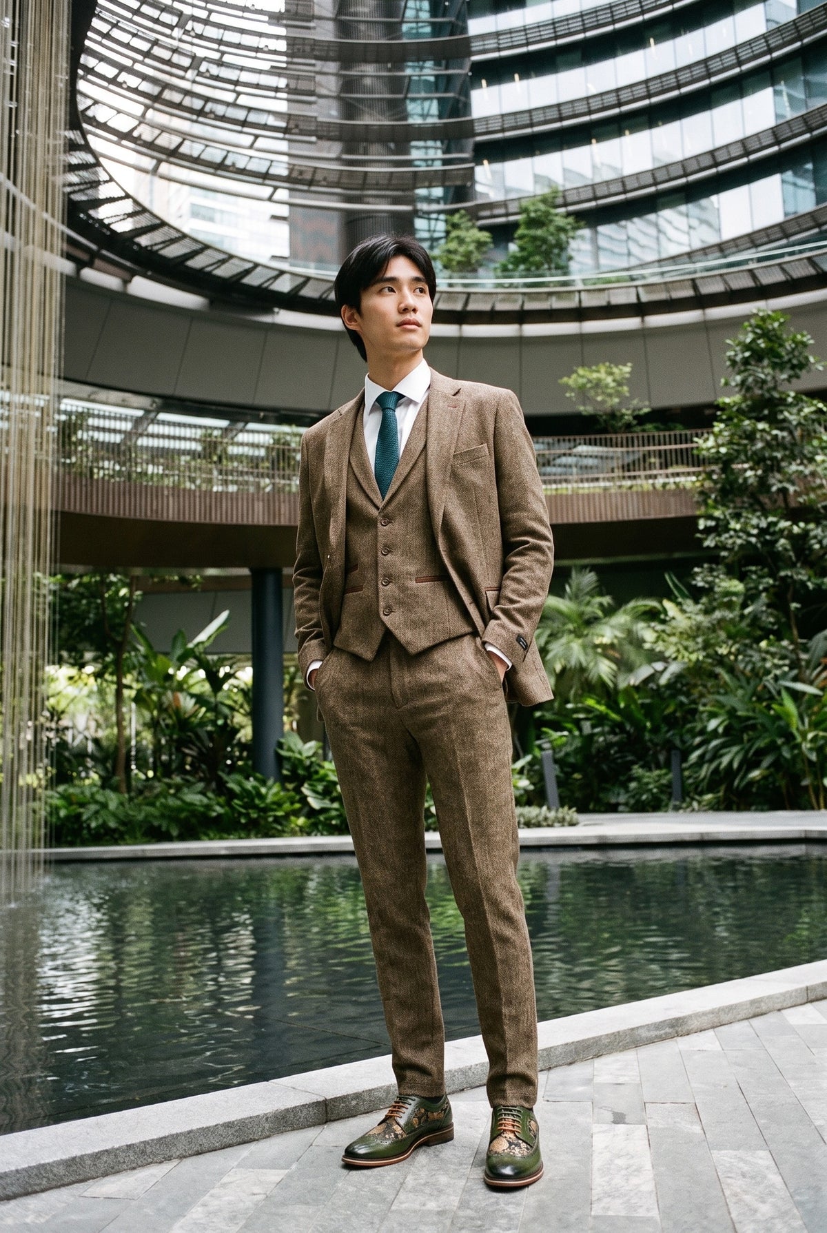 Look #939 styled with Eichenbrauner 3-teiliger Tweed-Anzug mit Fischgrätenmuster