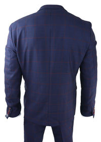 Mens Navy Check 3 Piece Suit Red Edinson Marc Darcy Classic Vintage Wedding