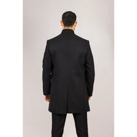 Men's Stand Collar Wool Blend Black Overcoat
