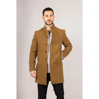 Men's Stand Collar Wool Blend Tan Overcoat