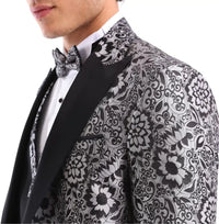 Mens Silver Floral Black Tuxedo Suit 3 Piece Wedding Prom Party Grooms Ceremony
