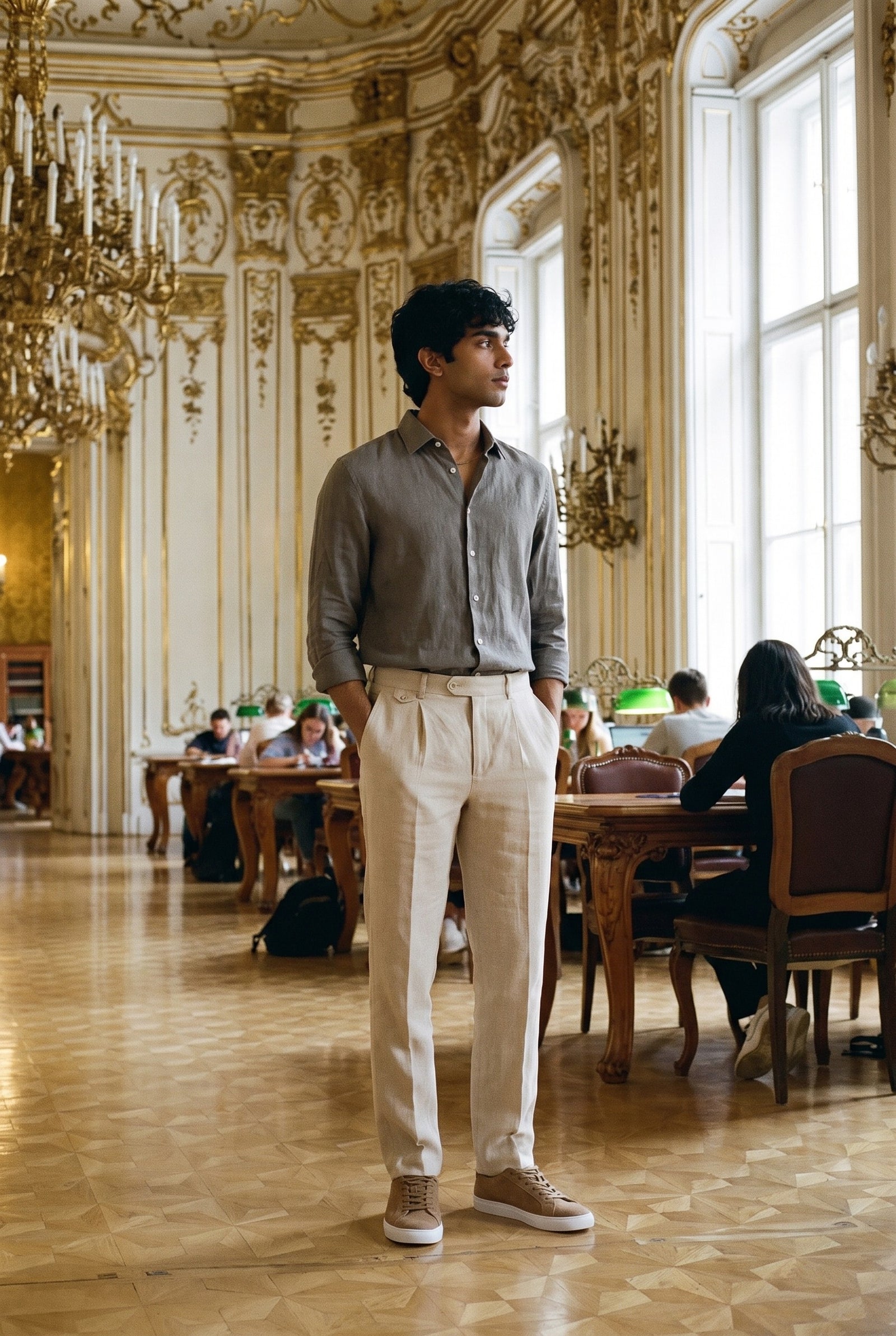 Look #1018 styled with Beige Herrenhose aus 100 % Leinen mit Bundfalten und Kordelzug, bequeme, gerade Passform