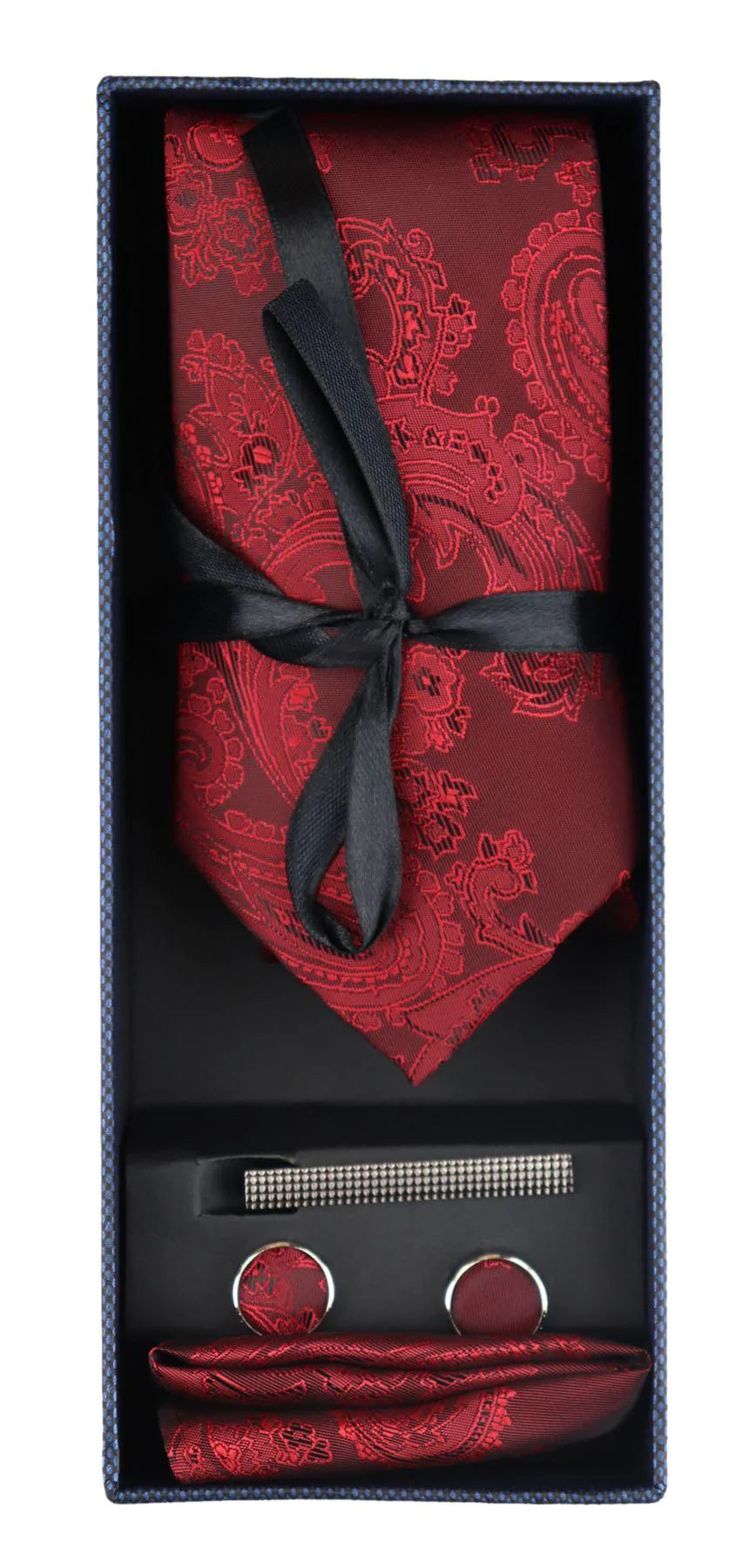 Paisley Neck Red Tie Gift Set Pocket Square Cuff Links Tie Floral Satin