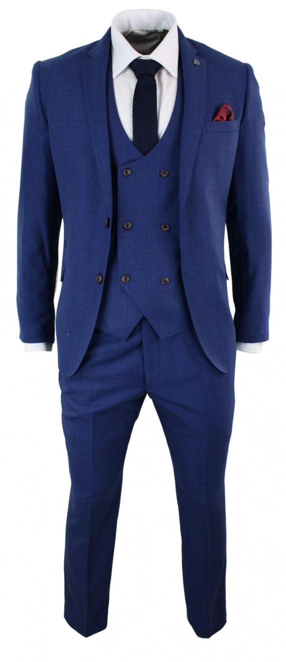 Mens Blue Check 3 Piece Slim Fit Suit