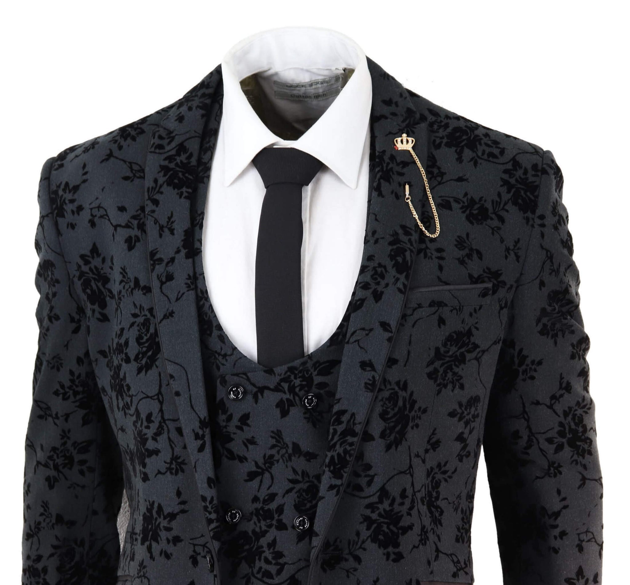Mens Black 3 Piece Paisley Velvet Suit