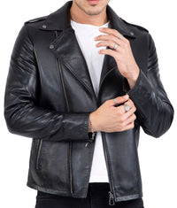 Happy Gentleman B104 - Geuine Leather Cross-Zip Brando Black Slim Fit Jacket for Men