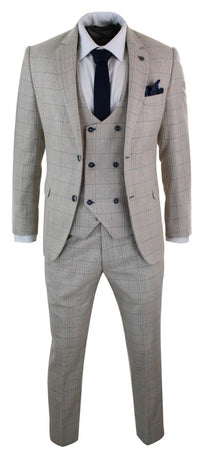 Men's 3 Piece Cream Blue-Check Suit