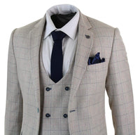 Men's 3 Piece Cream Blue-Check Suit