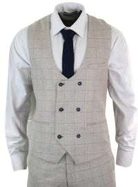 Men's 3 Piece Cream Blue-Check Suit