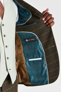 Harris Green karierter Tweedanzug mit kontrastierender Belmont Sage Weste