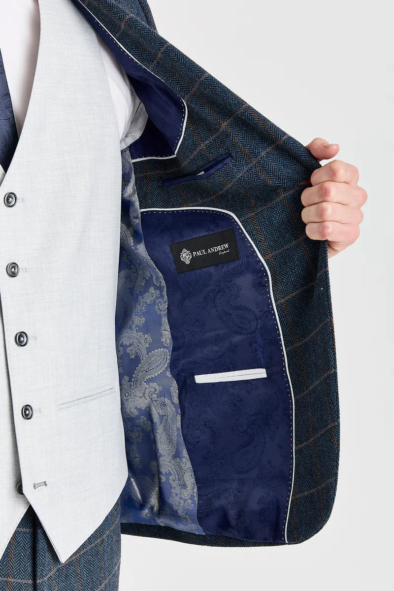 Harris-Tweedanzug in Marineblau mit kontrastierender Belmont-Weste in Silber