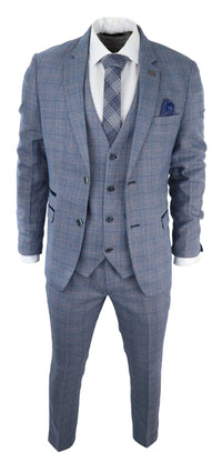 Mens 3 Piece Suit Sky Blue Check Wool Feel Marc Darcy Tailored Fit Wedding Prom Harry