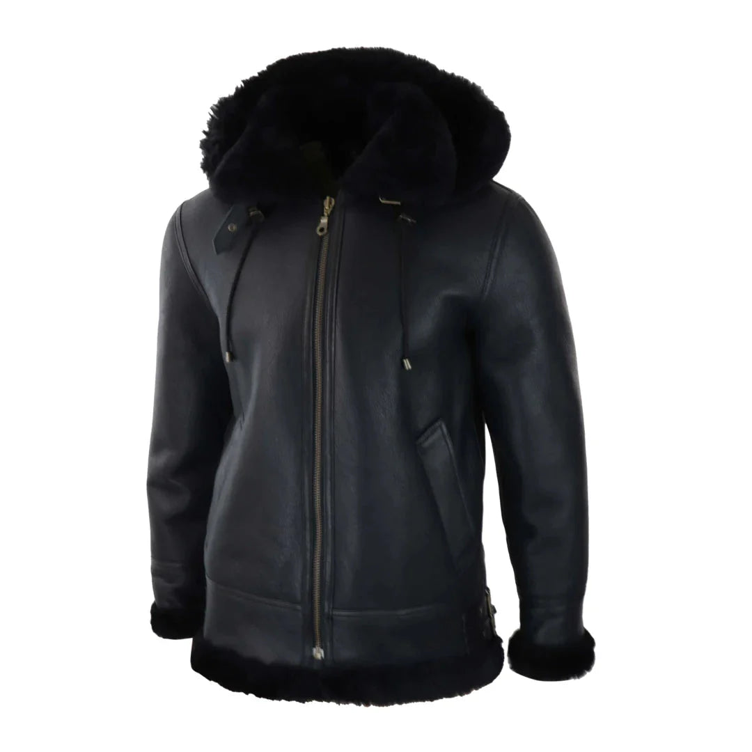 Men's Black Leather Sherling Sheepskin Hood Jacket Aviator Flying Pilot