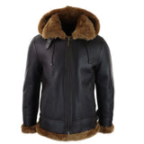 Men's Brown Leather Sherling Sheepskin Hood Jacket Aviator Flying Pilot
