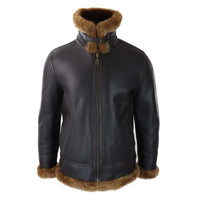 Men's Brown Leather Sherling Sheepskin Hood Jacket Aviator Flying Pilot