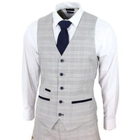 Hugo Men's Light Grey 3-Piece Suit with Navy Blue Check and Velvet Trims