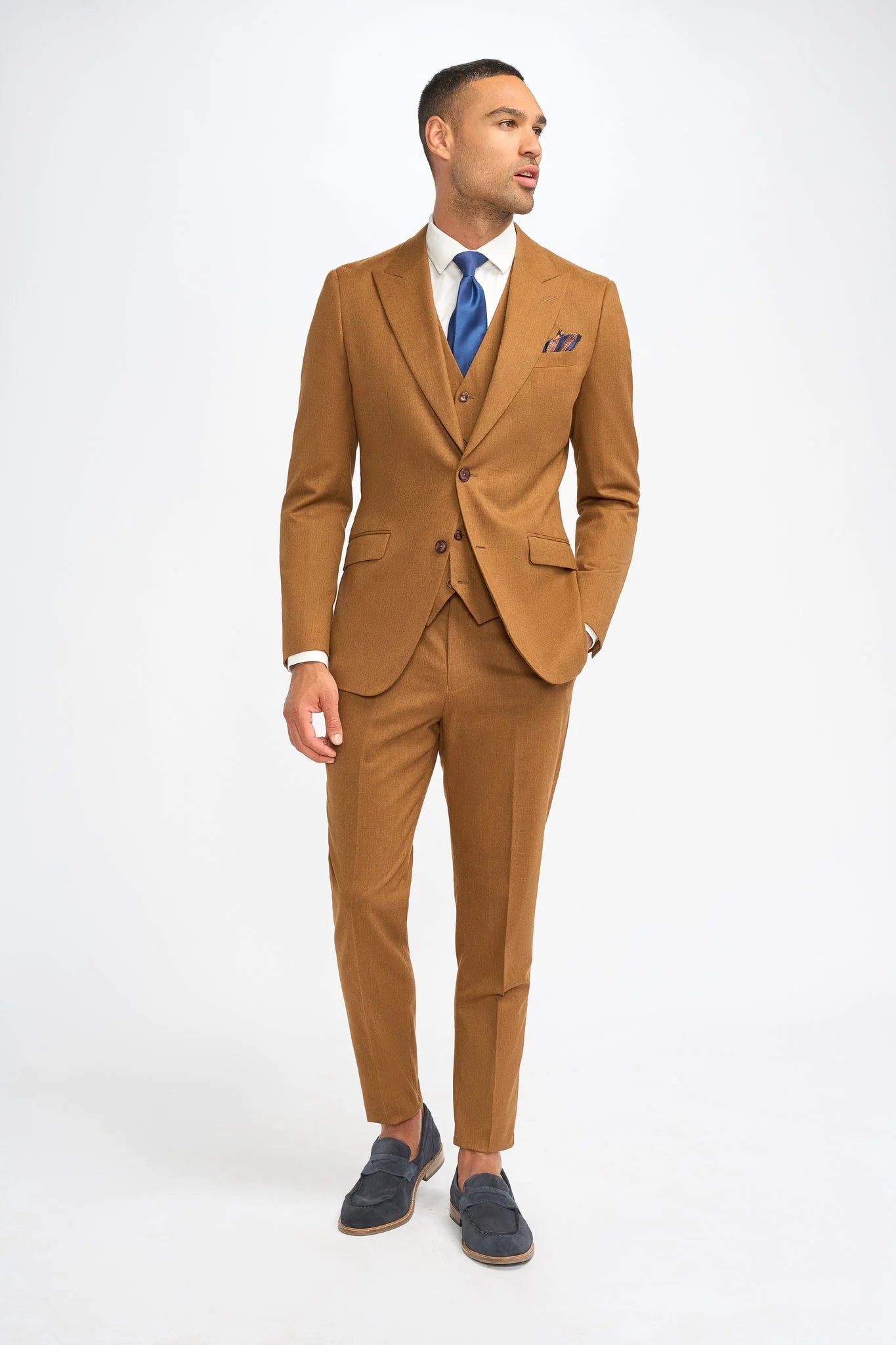 James - Men's Camel Brown 3 Piece Wool Tailored Fit Suit