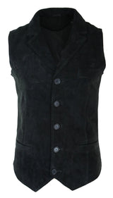 Mens Real Suede Leather Black Smart Casual Gilet Waistcoat Vintage Retro