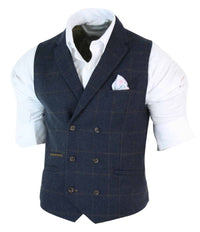 Mens Double Breasted Herringbone Tweed Peaky Blinders Vintage Check Waistcoat Navy Blue