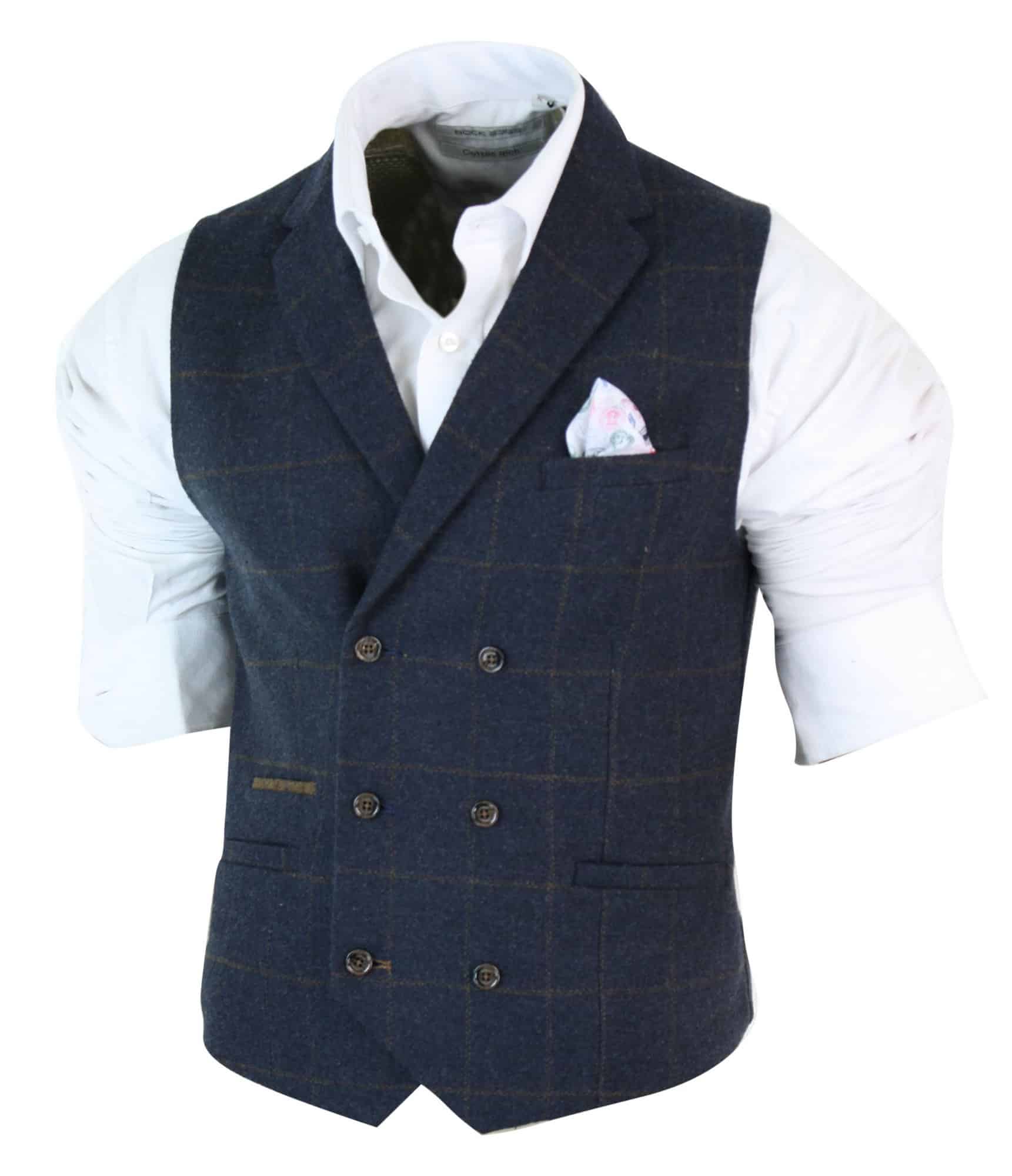 Mens Double Breasted Herringbone Tweed Peaky Blinders Vintage Check Waistcoat Navy Blue