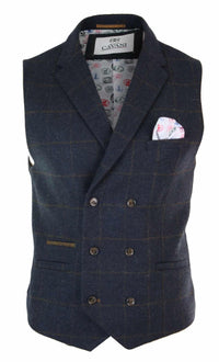 Mens Double Breasted Herringbone Tweed Peaky Blinders Vintage Check Waistcoat Navy Blue