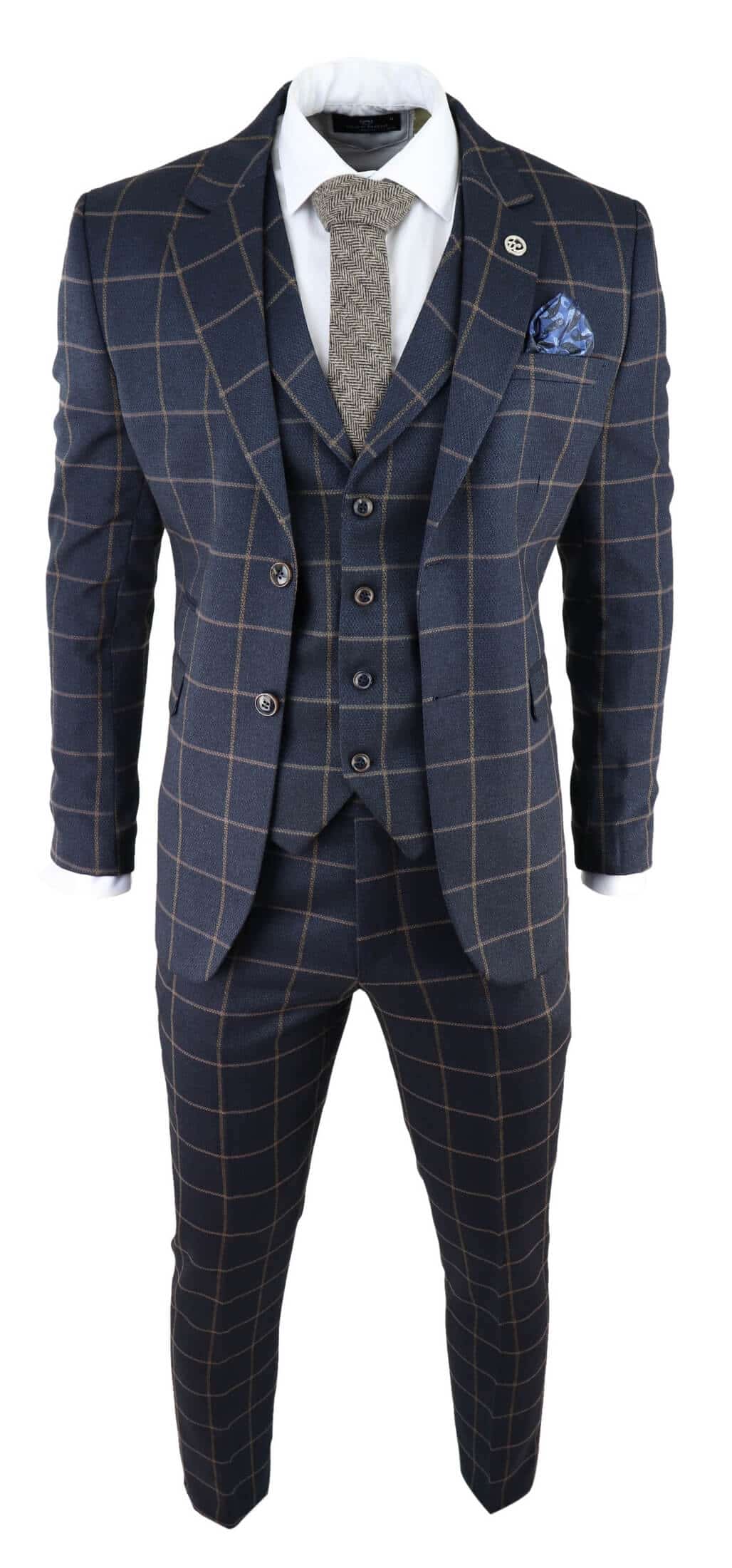Mens Herringbone Tweed Check 3 Piece Wool Suit Peaky Blinders - Navy Blue
