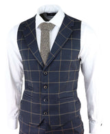 Mens Herringbone Tweed Check 3 Piece Wool Suit Peaky Blinders - Navy Blue