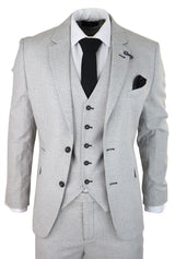 Mens 3 Piece Light Grey Black Check Suit Tailored Fit Retro Vintage Classic Smart