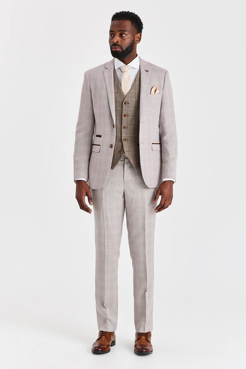 Leo-Beige-Anzug mit kontrastierender Harris-Brown-Tweed-Weste